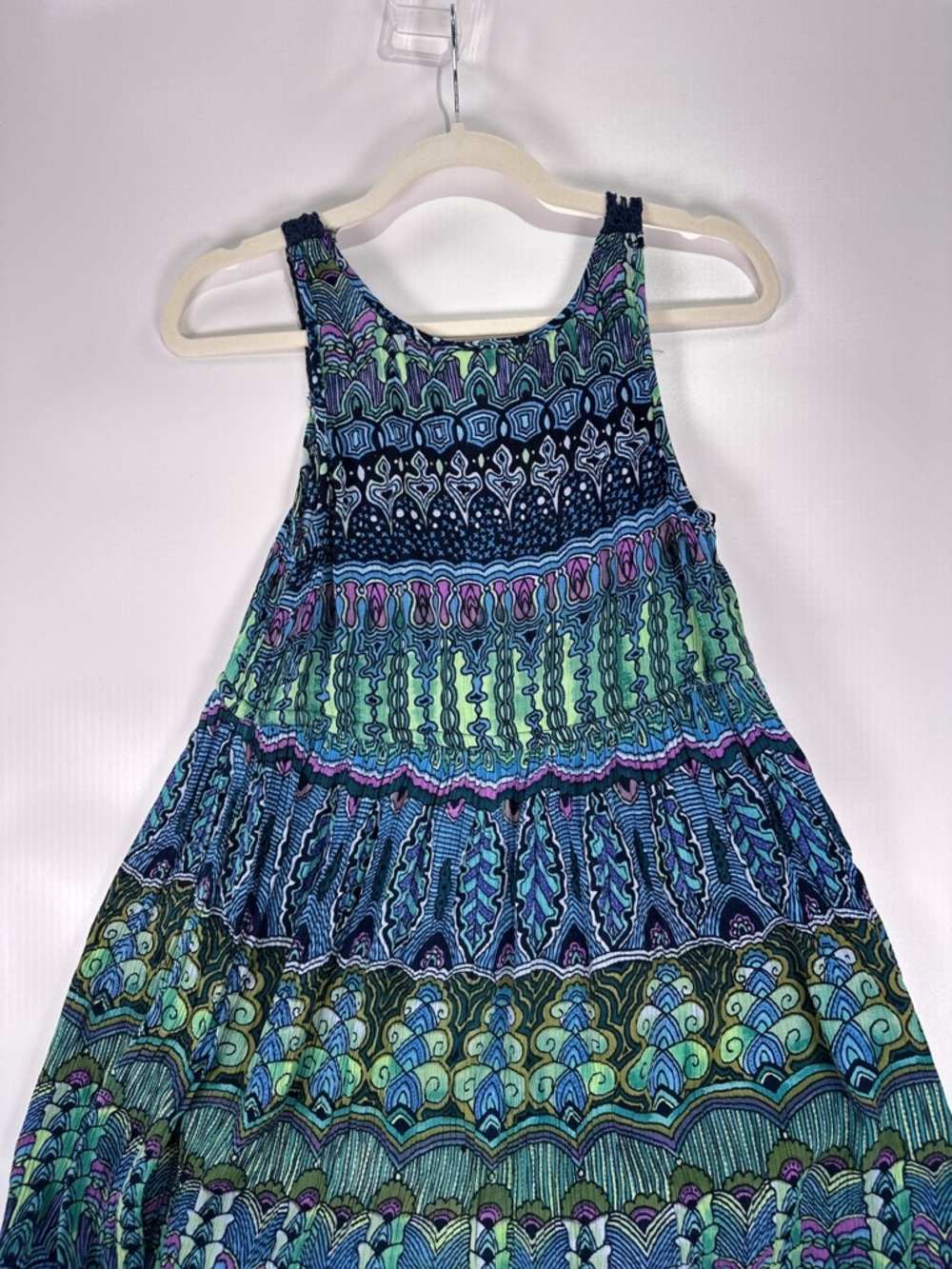 Bila Maxi Dress Crochet Neck Tiered Geometric Boho Blue Green Size S - Picture 7 of 11